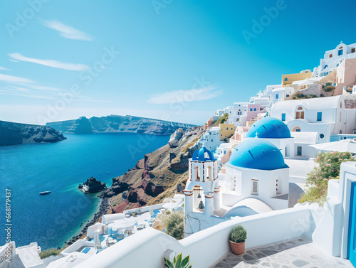 A stunning Greek island featuring beautiful whitewashed buildings against a vibrant blue backdrop.