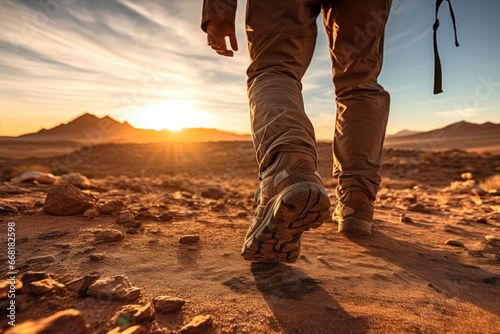 Hiking boots in the desert at sunset. Travel and adventure concept.