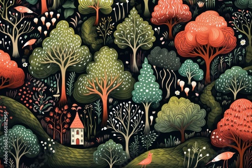 Whimsical fairy-tale forest illustrated patterns.