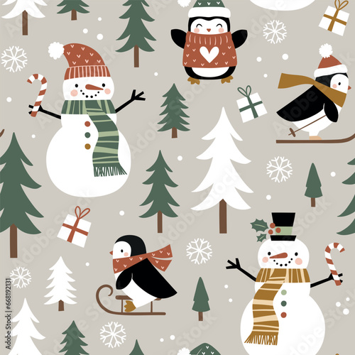Seamless vector pattern with cute winter penguins, snowmen, snowflakes and pine trees. Hand drawn Christmas wallpaper design. Perfect for textile, wallpaper or nursery print design.