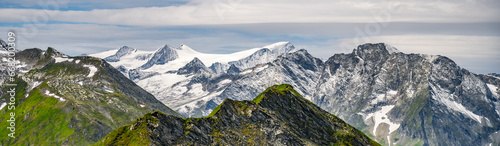 Majestic alpine panorama with glacier mountain of Grossvenediger. The main peak of the Venediger Group in Hohe Tauern mountain range. Austrian Alps, Austria.