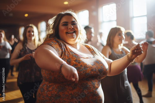 Group dancing in a fitness club for overweight women. Beautiful happy woman dancing.