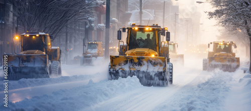 A snowplow trucks diligently clearing a city street during a heavy snowstorm, with snowdrifts piling up on the sides.