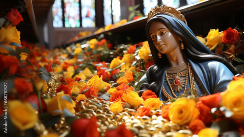 The image of Our Lady of Guadalupe, beautifully framed in the Basilica, surrounded by golden ornaments and a sea of marigold flowers