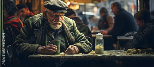 Old man drinking. AI generated.
