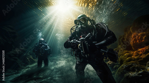 scuba divers in the military operation at night