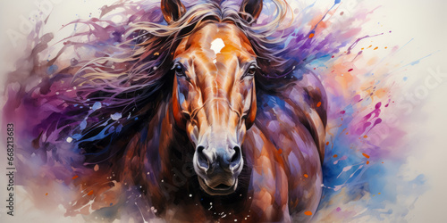 Watercolor painting of a horse with colorful splashes.