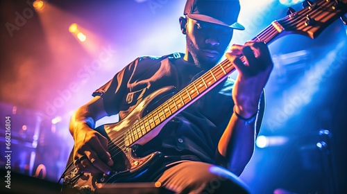 Bass Player on Stage with Electrifying Energy and Artistic Blur, Live Music Performance Concept