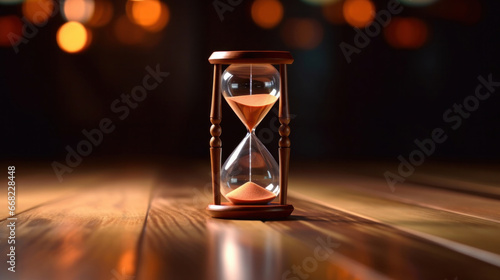 A hourglass isolated on wooden floor.