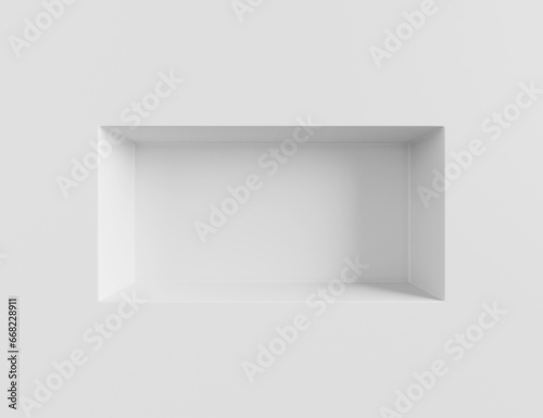 3d render white wall with rectangle shelf, empty niche in bathroom. Mockup blank showcase for exhibits in museum, gallery or studio. Window in store, bookshelf in home interior room. 3D illustration