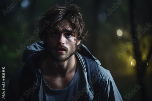 Young adult Caucasian man lost in summer forest at rainy night. Neural network generated image. Not based on any actual person or scene.