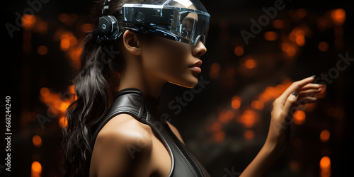Super sexy Model Frau mit schwarzen Leder und Lack Designer Kleidung und futuristischer Cyberspace Brille, ai generativ