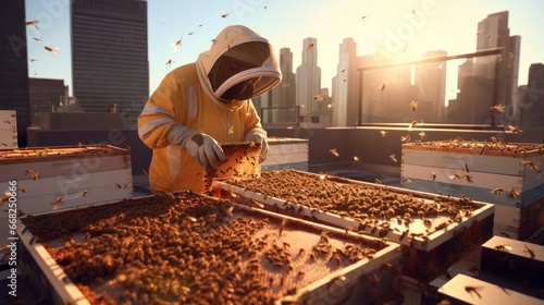 urban beekeeper tending to urban beekeeping