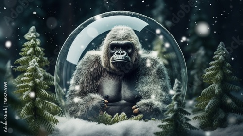 Christmas or New Year greeting card. Glass transparent ball gorilla inside with decorative Christmas trees around on snow covered moss with winter forest at background. Xmas holidays