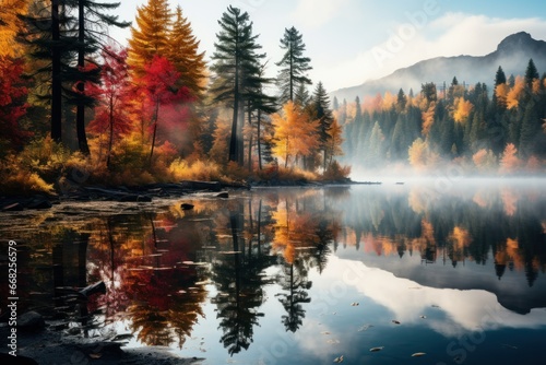 Beautiful of autumn season landscape with lake. Generative AI