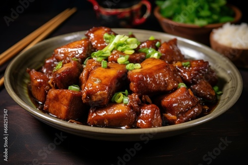 Tangy Chinese dish pork. Asian meal table. Generate Ai