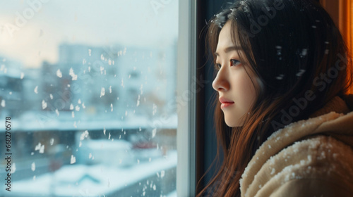 冬と女性、帰宅後に外の雪を見る日本人女性