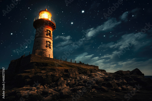 Starry Sentinel: Desolate Lighthouse Bathed in Celestial Glow