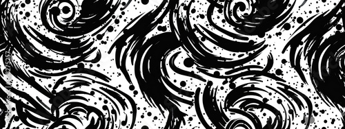 Seamless whimsical abstract graffiti scribble pattern, freestyle swirl motif. Monochrome bold black paint strokes texture on white background, trendy painterly doodle line art