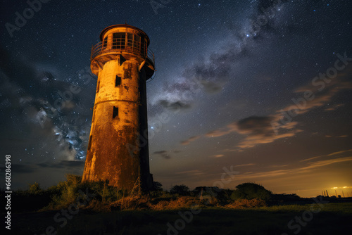 Luminous Ruins: Abandoned Lighthouse Amidst Stardust Symphony