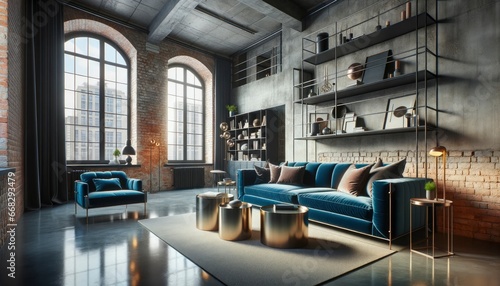 An industrial-themed space showcasing exposed brick walls, a polished concrete floor, and a luxurious blue velvet sofa.