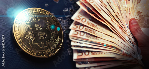 Criptomonedas y tecnología. Bitcoin moneda de oro y billetes de euro de fondo, imagen de primer plano.