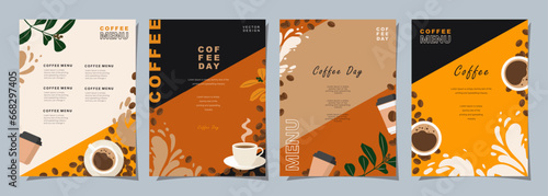 Set of sketch banners with coffee beans and leaves on colorful background for poster, menu, cafe or another template design. Coffee Day. vector illustration.