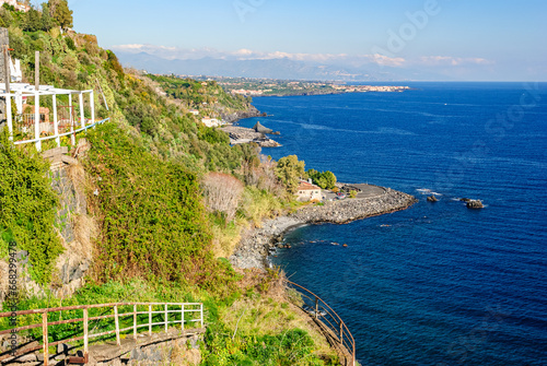 Panoramic view of the coastline near Acireale from the cliff called Timpa, in Sicily