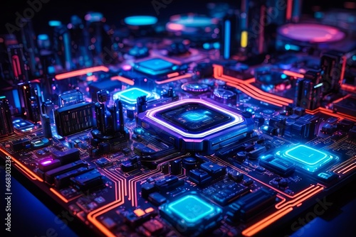 Futuristic Digital Data Flow Motherboard. AI Supercomputer. CPU and GPU. Computer Processors CPU Concept. Motherboard Digital Chip.