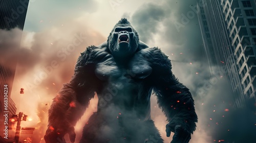 giant gorilla king rampages in the middle of the city and destroys tall buildings