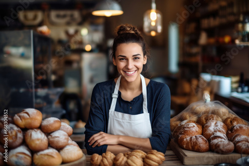 A cheerful young woman, a bakery worker, smiles proudly by a display of diverse bread, buns, and pastries