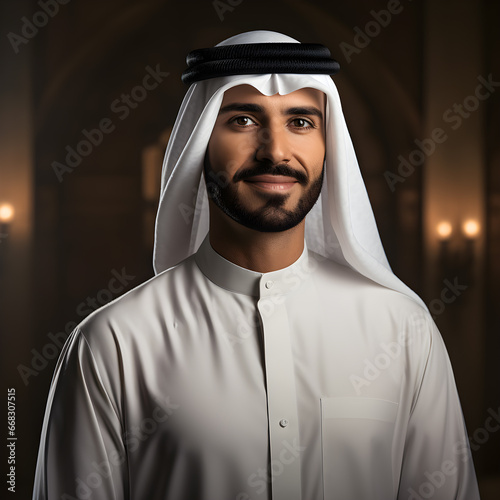 Emirati Man with Arabic Clothing and Striking Beard Portrayed in Front View Portrait