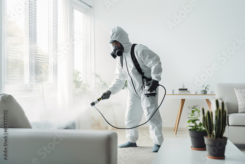 Faceless pest control worker in a protective suit sprays insect poison in a living room