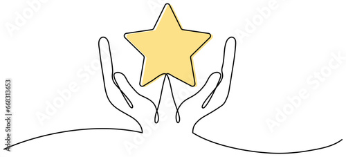 Hands holding yellow star continuous one line drawing. Vector illustration isolated on white.