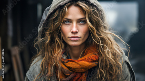 Homeless looking beautiful woman with blue eyes is loking at camera