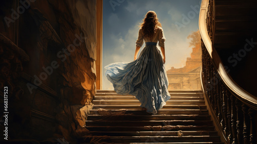 a girl in a wedding dress is walking up the stairs. beige dress. Beautiful lady in luxurious ballroom dress walking up the stairs of her palace. Baluster railing on both sides. Vintage concept