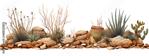 Dry plants with pebbles desert scene on transparent background
