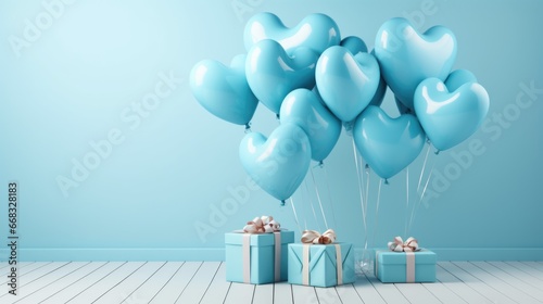 blue gift boxes and balloons on studio background