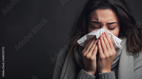 blowing nose with a gray background and people are suffering from the flu and a cold