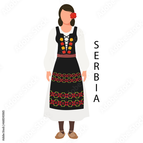 Woman in Serbian folk retro costume. Culture and traditions of Serbia. Illustration, vector
