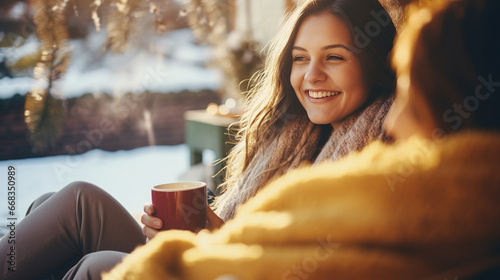 Two young women friends, wrapped in a warm blanket, warm themselves, drink hot drinks in a cozy atmosphere. Active communication and friendship in winter.