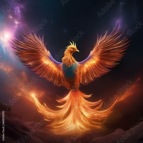 A cosmic phoenix with wings ablaze in the fiery birth of a new star, rising from stardust5