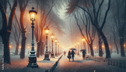 Snow-covered park, old-fashioned lamp posts, warm glows, couples strolling under umbrellas, snowflakes, evening sky.