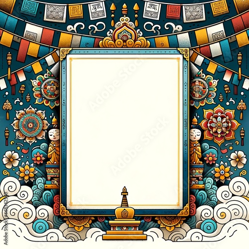 Poster layout template featuring Tibetan cultural symbols, such as prayer flags and mandalas, frame the borders.