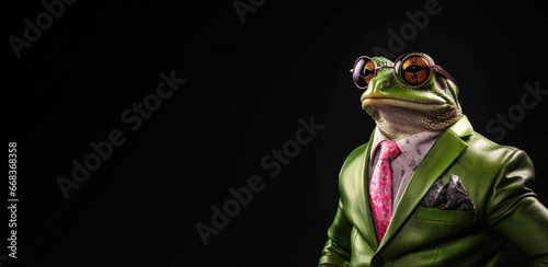 Cool looking frog wearing funky fashion dress - jacket, tie, glasses. Wide banner with space for text left side. Stylish animal posing as supermodel. Generative AI
