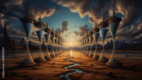 a surreal dreamscape with colossal, wooden hourglasses floating in a fantastical sky, representing the fluidity of time in an otherworldly setting