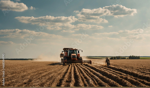 Mechanized agriculture. A modern combine harvester harvests a huge field. A farmer, sitting in the cab of a machine, controls this powerful industrial equipment on a sunny day.