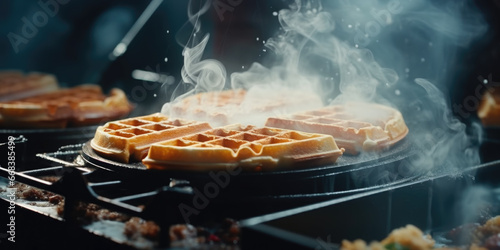 A waffle is being cooked on a grill. Perfect for breakfast or brunch-themed designs