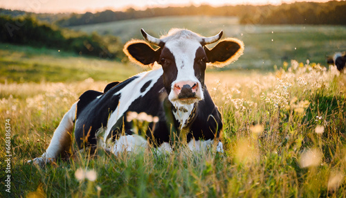 Vaca blanca con manchas negras sentada en un prado verde al atardecer, en un campo grande con pasto, animal de granja, hora dorada, mirando hacia la camara