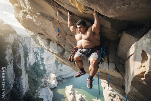 Really really fat Rock climber hanging from a limestone overhang